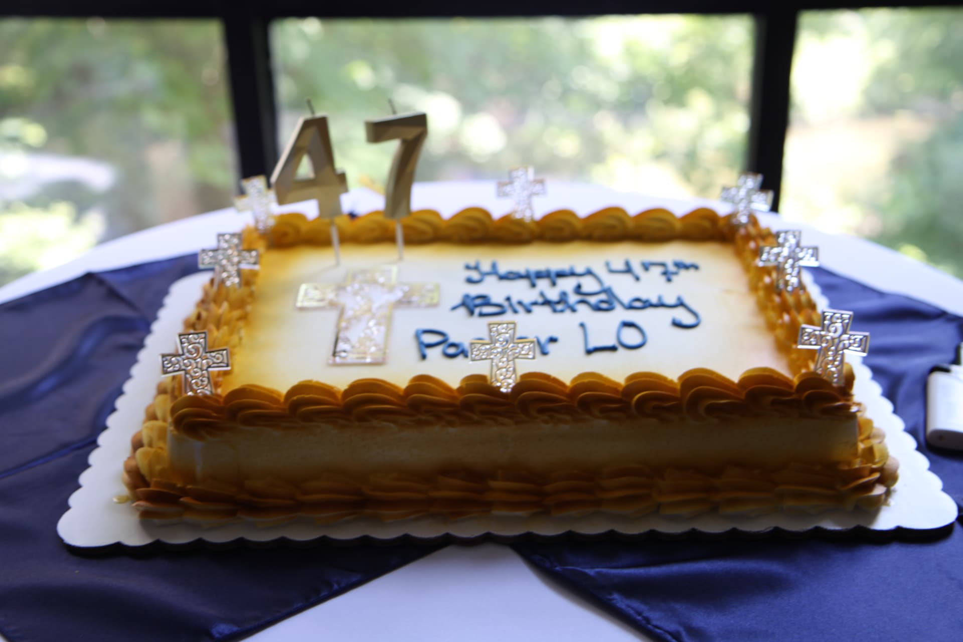 Birthday cake reading Happy 47th Birthday Pastor Lo